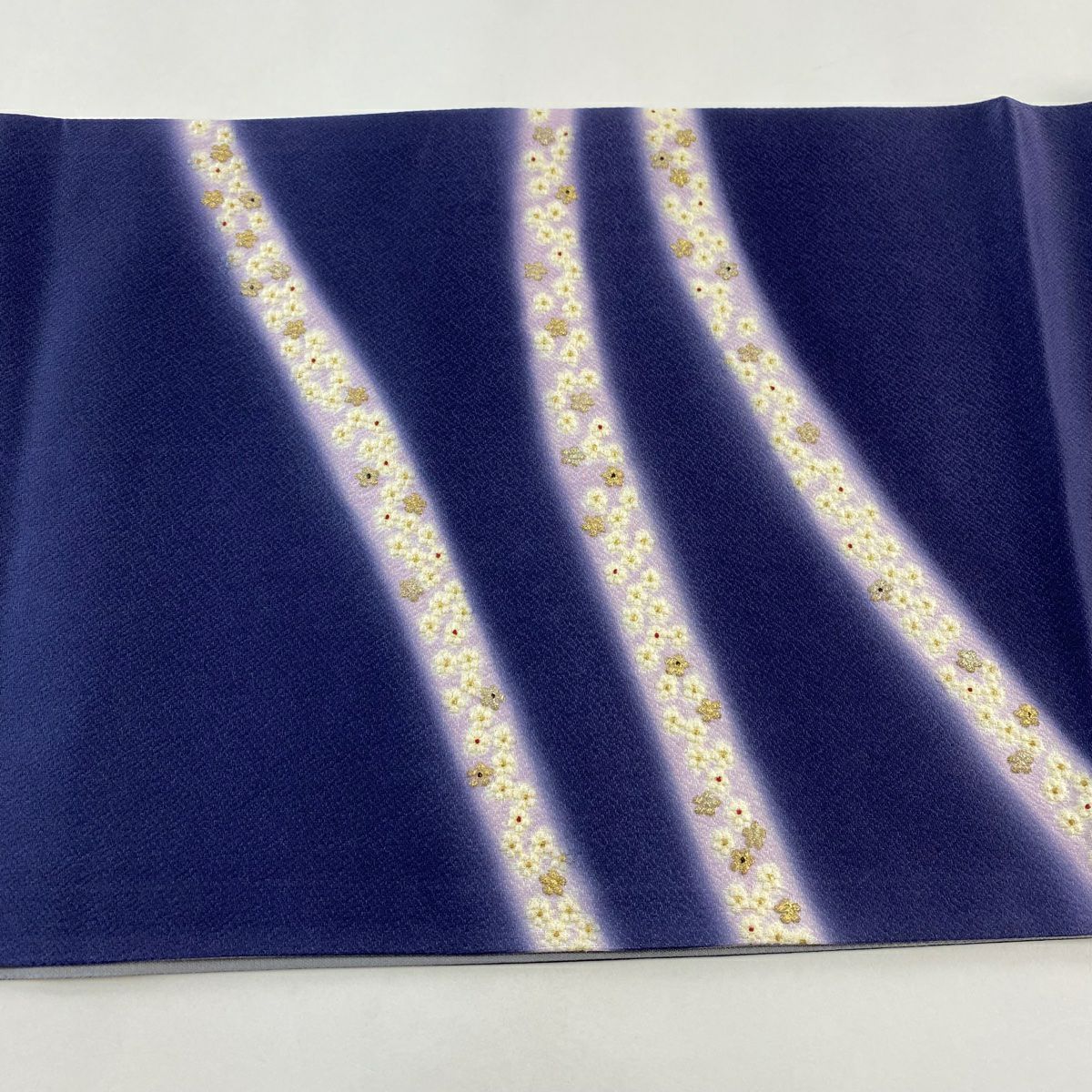 【庫存清倉】 袋帶 名品級 小花 刺繡 金銀線 青紫 お太鼓圖案 純蠶絲