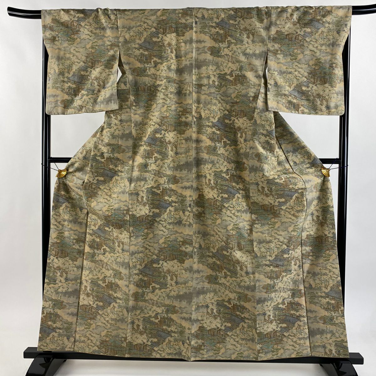 【美品】 紬織織 身長159.5cm 袖長68cm L 雙層 家屋 樹木 薄茶 純蠶絲 秀品級