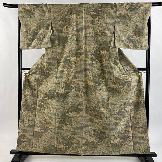 【美品】 紬織織 身長159.5cm 袖長68cm L 雙層 家屋 樹木 薄茶 純蠶絲 秀品級