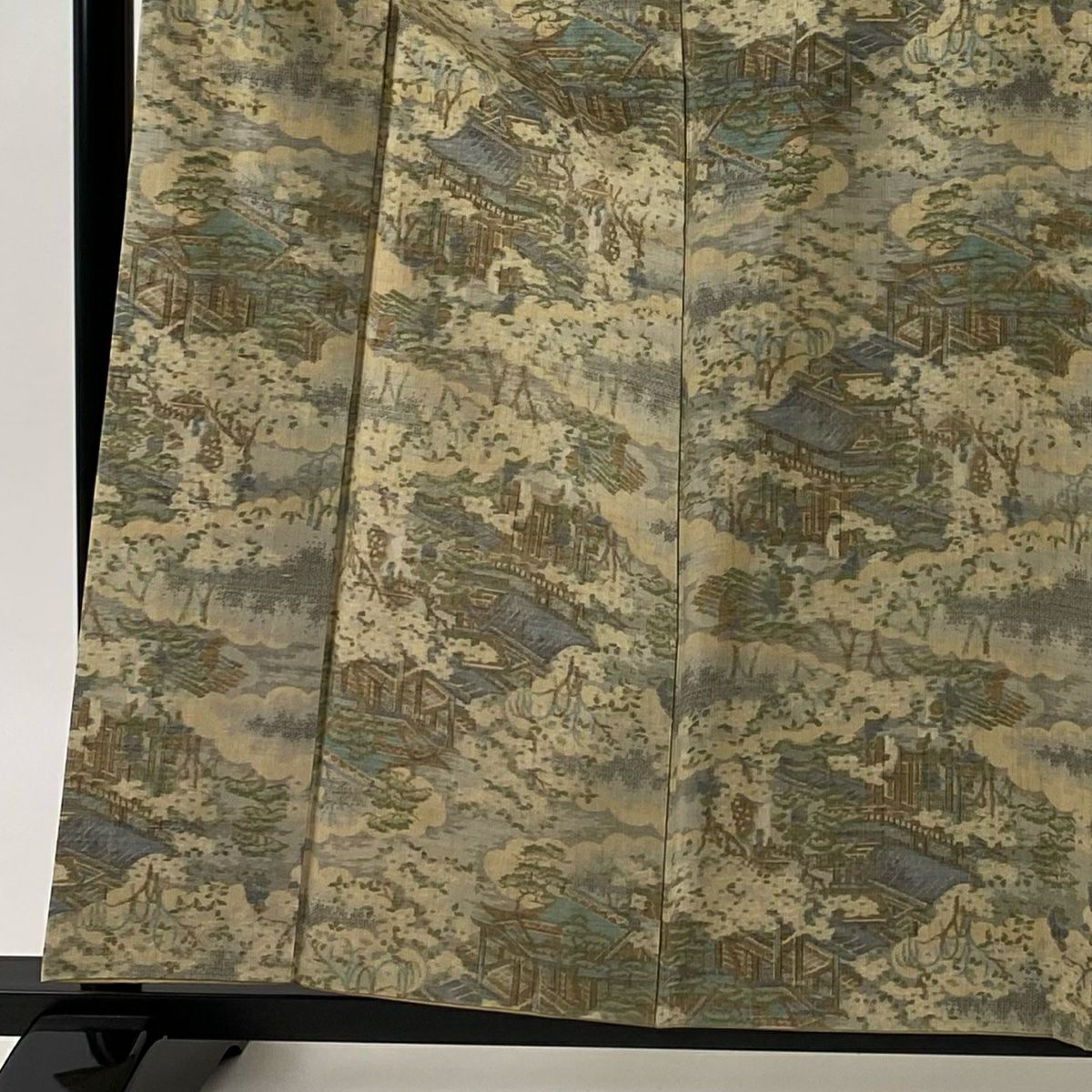 【美品】 紬織織 身長159.5cm 袖長68cm L 雙層 家屋 樹木 薄茶 純蠶絲 秀品級
