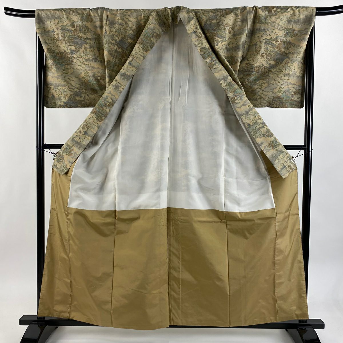 【美品】 紬織織 身長159.5cm 袖長68cm L 雙層 家屋 樹木 薄茶 純蠶絲 秀品級