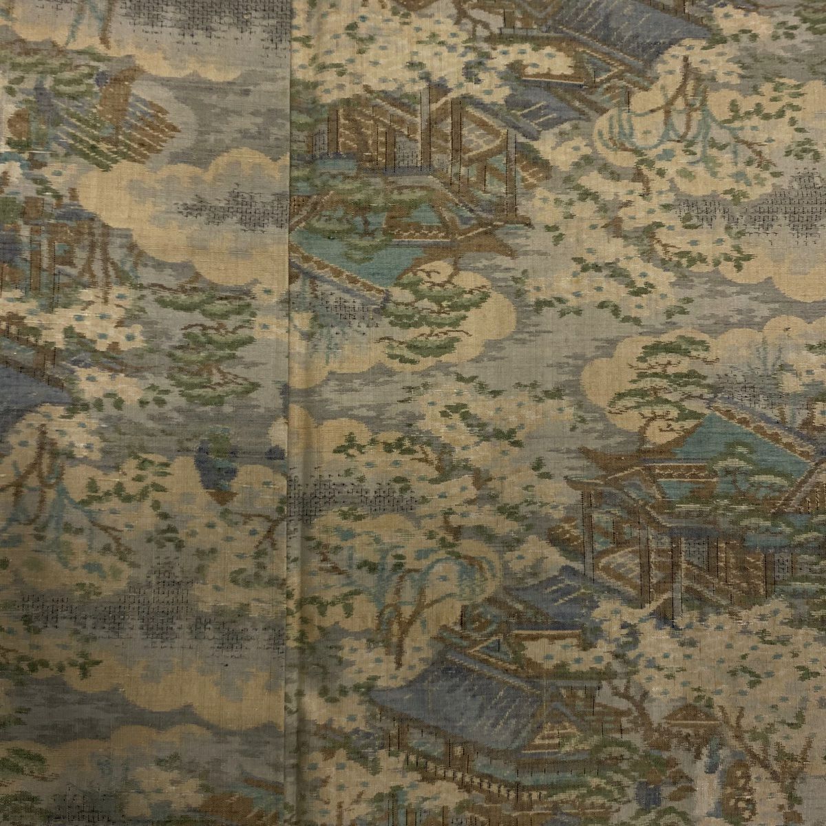 【美品】 紬織織 身長159.5cm 袖長68cm L 雙層 家屋 樹木 薄茶 純蠶絲 秀品級