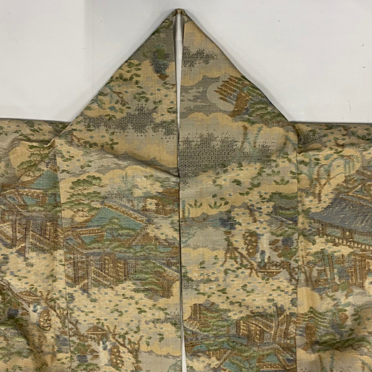 【美品】 紬織織 身長159.5cm 袖長68cm L 雙層 家屋 樹木 薄茶 純蠶絲 秀品級
