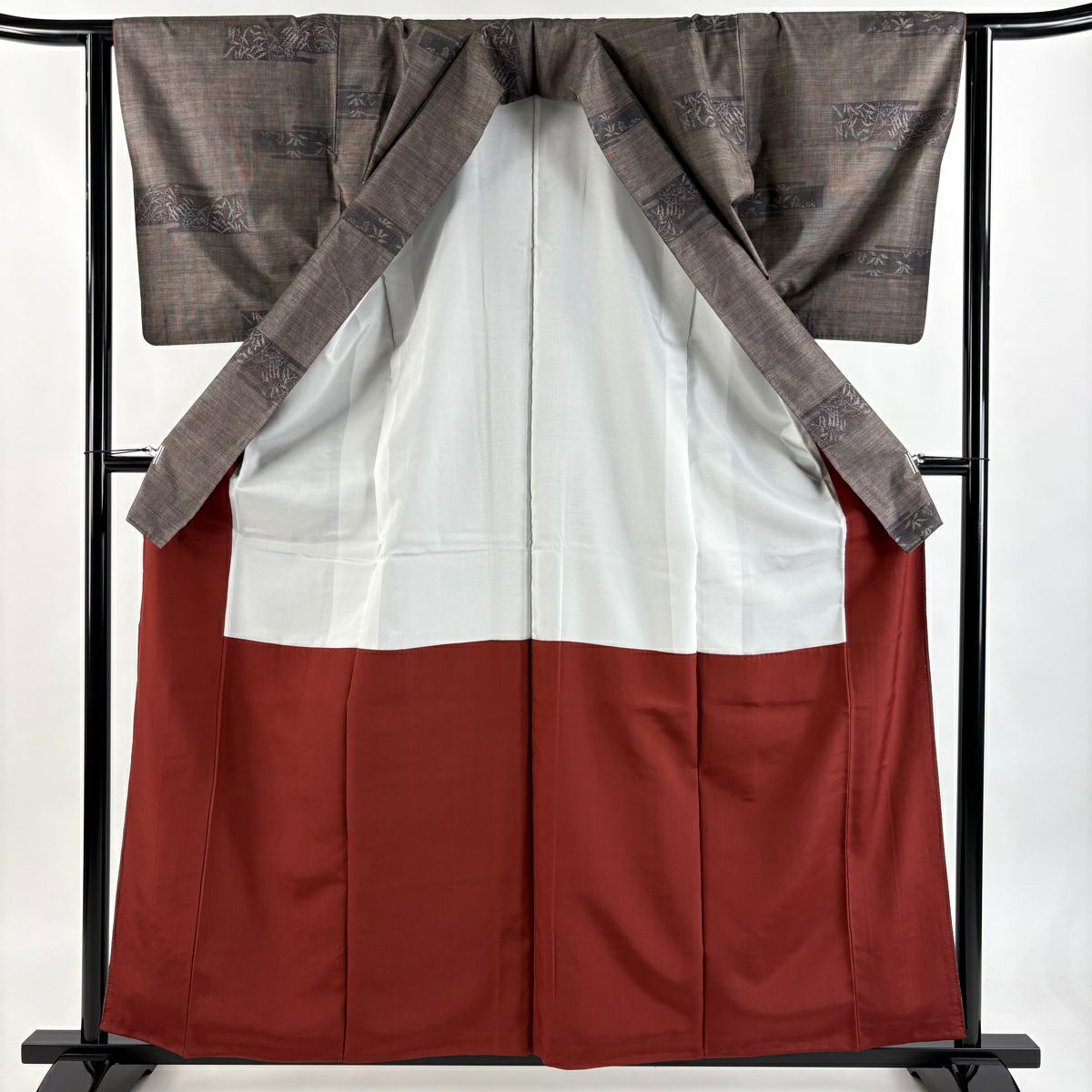 【美品】 紬織織 身長160cm 袖長64cm M 雙層 草花紋紋 焦茶 純蠶絲 秀品級