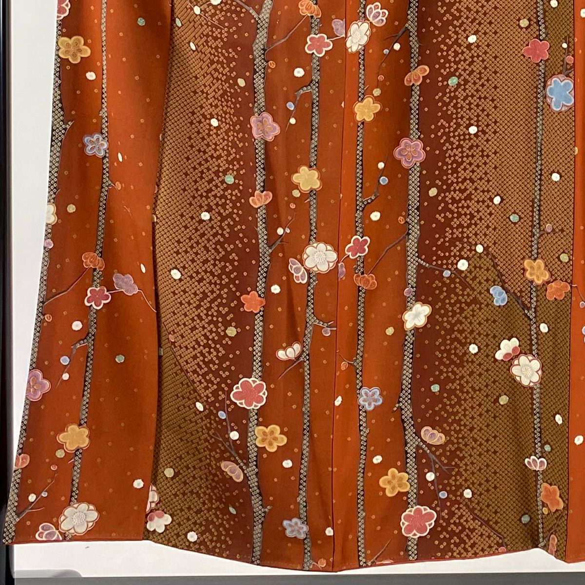 【美品】 小紋 身長153.5cm 袖長62.5cm S 雙層 枝梅花 疋田紋 金銀彩 紅茶 純蠶絲 秀品級