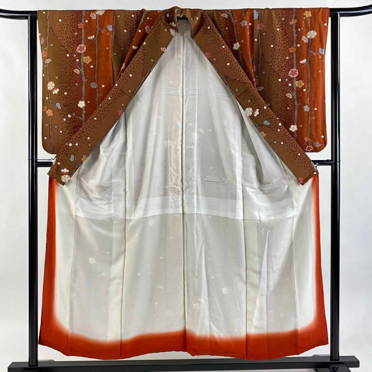 【美品】 小紋 身長153.5cm 袖長62.5cm S 雙層 枝梅花 疋田紋 金銀彩 紅茶 純蠶絲 秀品級