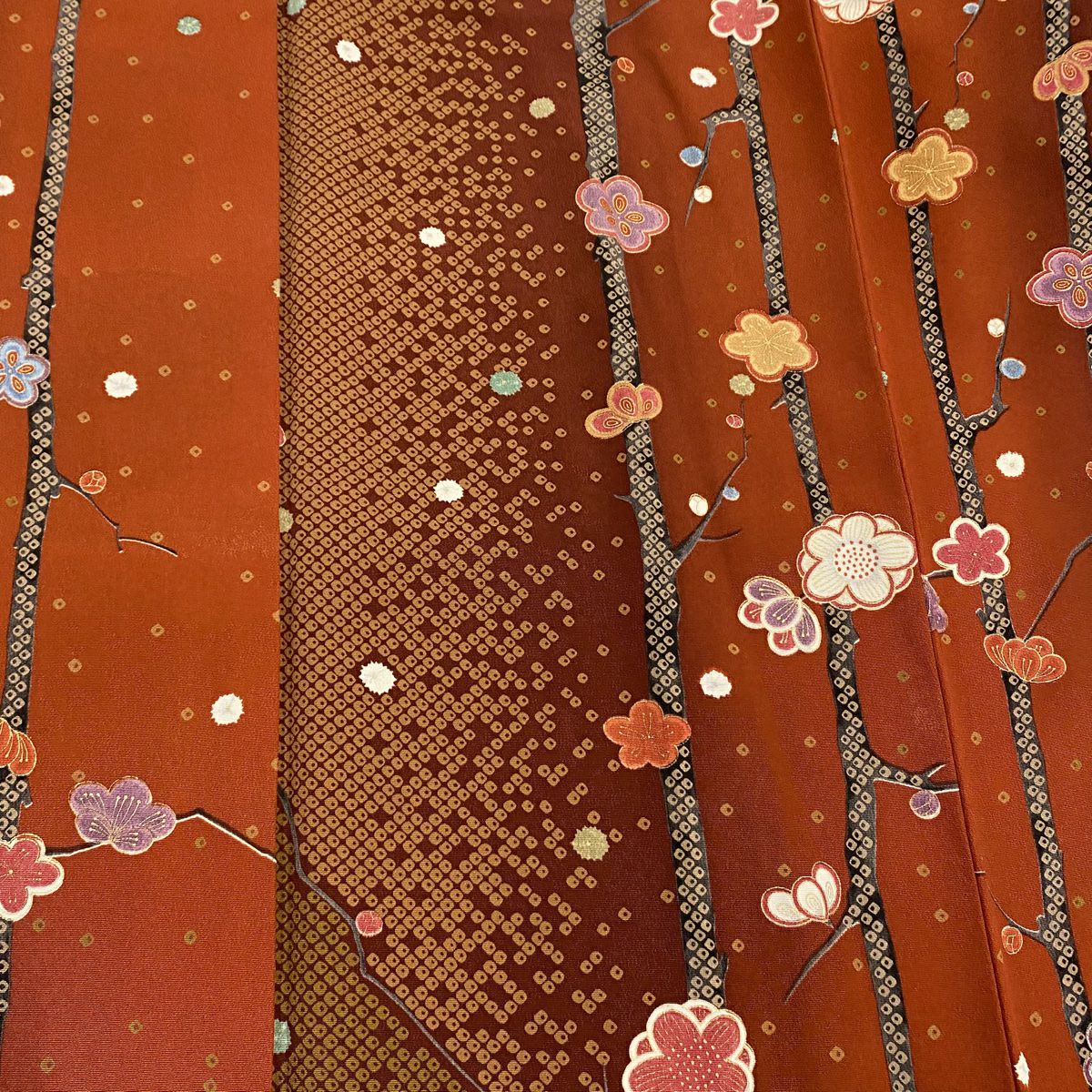 【美品】 小紋 身長153.5cm 袖長62.5cm S 雙層 枝梅花 疋田紋 金銀彩 紅茶 純蠶絲 秀品級