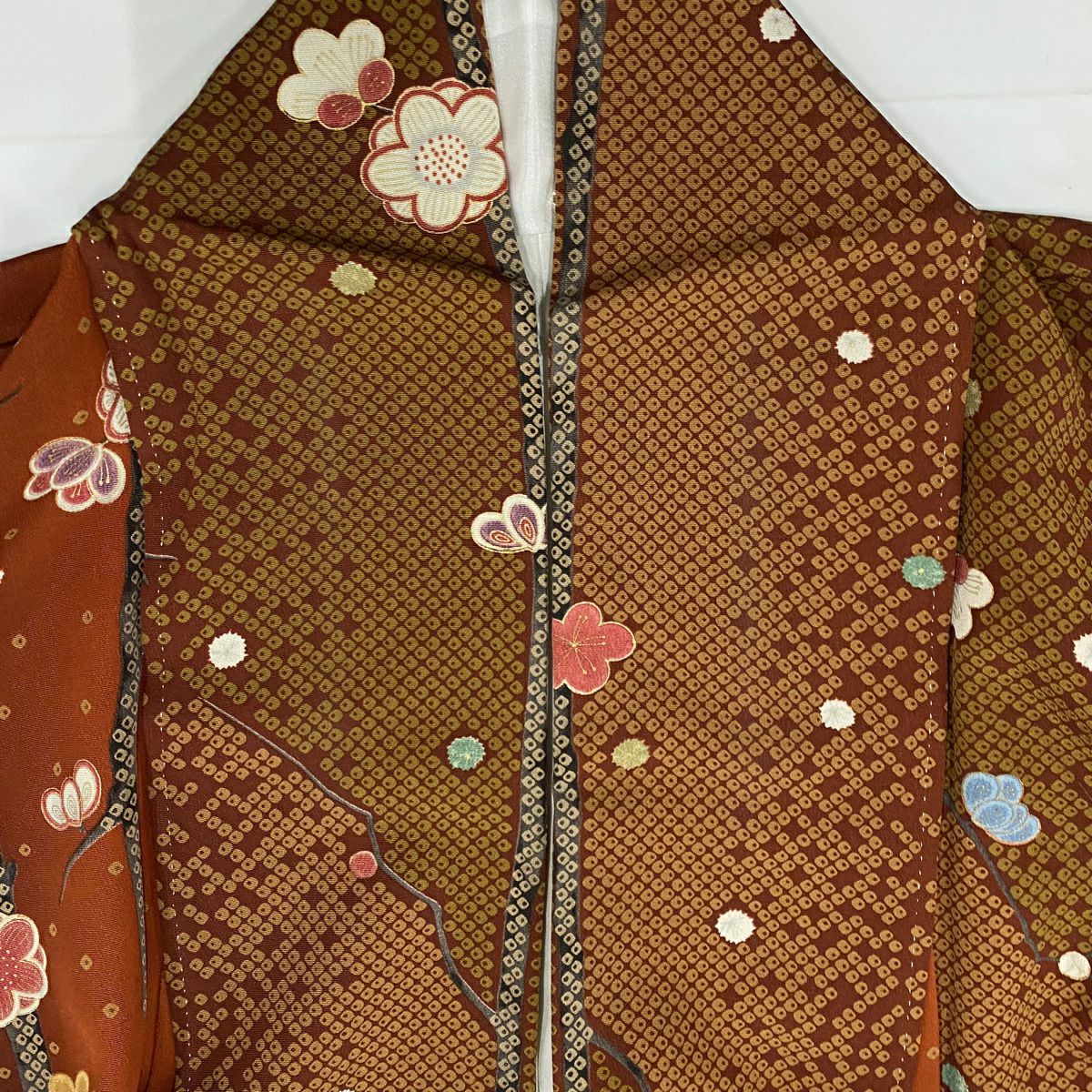 【美品】 小紋 身長153.5cm 袖長62.5cm S 雙層 枝梅花 疋田紋 金銀彩 紅茶 純蠶絲 秀品級