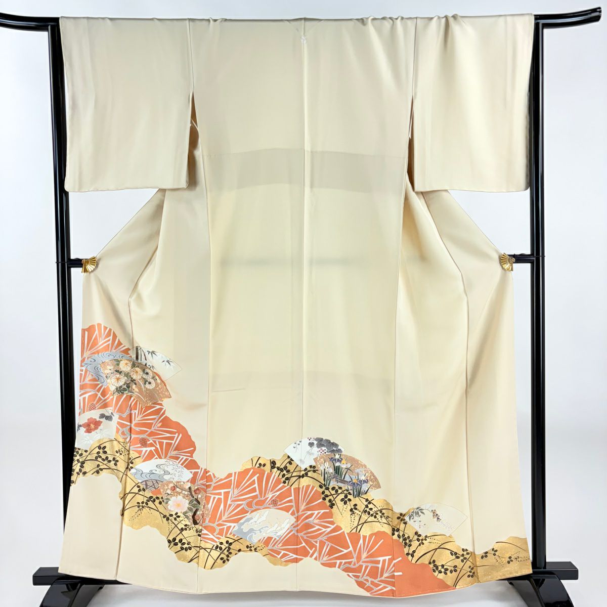 色留袖禮服 身長161cm 袖長66.5cm M 雙層 扇子面 草花紋紋 金銀彩 金絲 米色 純蠶絲 秀品級 一つ紋