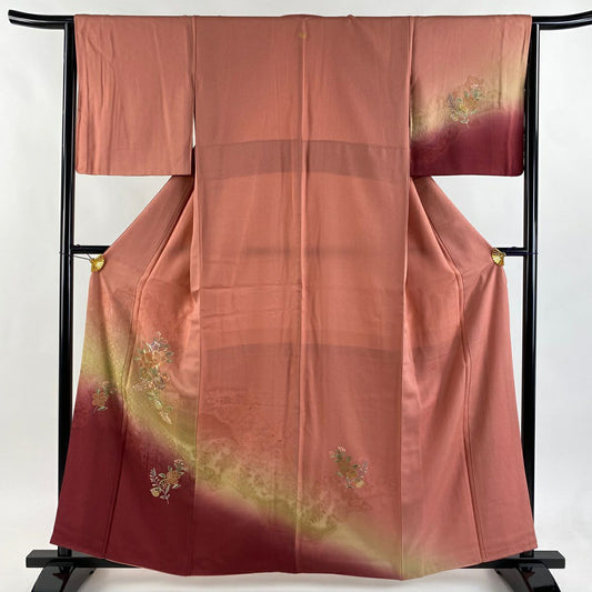 付下 身長160cm 袖長64cm M 雙層 草花紋紋 地紋 刺繡 金彩裝飾 粉紅 純蠶絲 秀品級 一つ紋