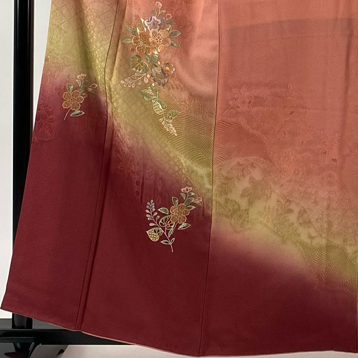 付下 身長160cm 袖長64cm M 雙層 草花紋紋 地紋 刺繡 金彩裝飾 粉紅 純蠶絲 秀品級 一つ紋