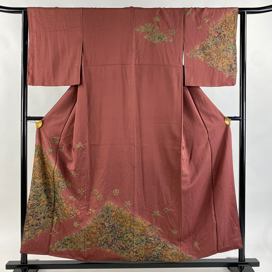 訪問服 身長155.5cm 袖長63cm S 雙層 草花紋紋 金彩裝飾 漸層 小豆 深紅 純蠶絲 優品級