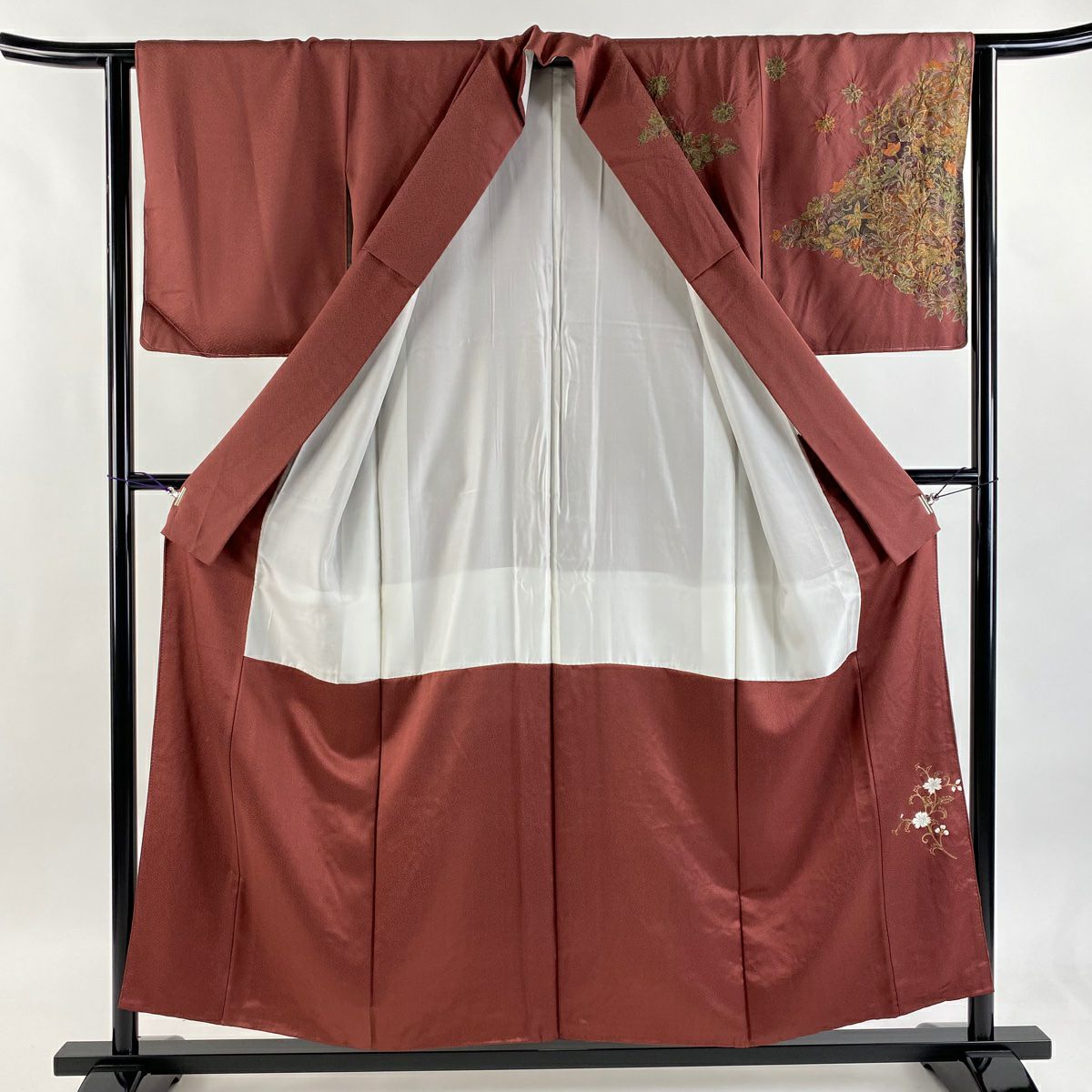訪問服 身長155.5cm 袖長63cm S 雙層 草花紋紋 金彩裝飾 漸層 小豆 深紅 純蠶絲 優品級