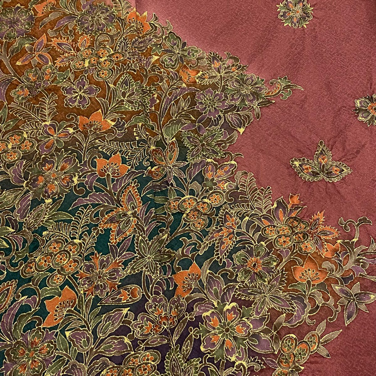 訪問服 身長155.5cm 袖長63cm S 雙層 草花紋紋 金彩裝飾 漸層 小豆 深紅 純蠶絲 優品級