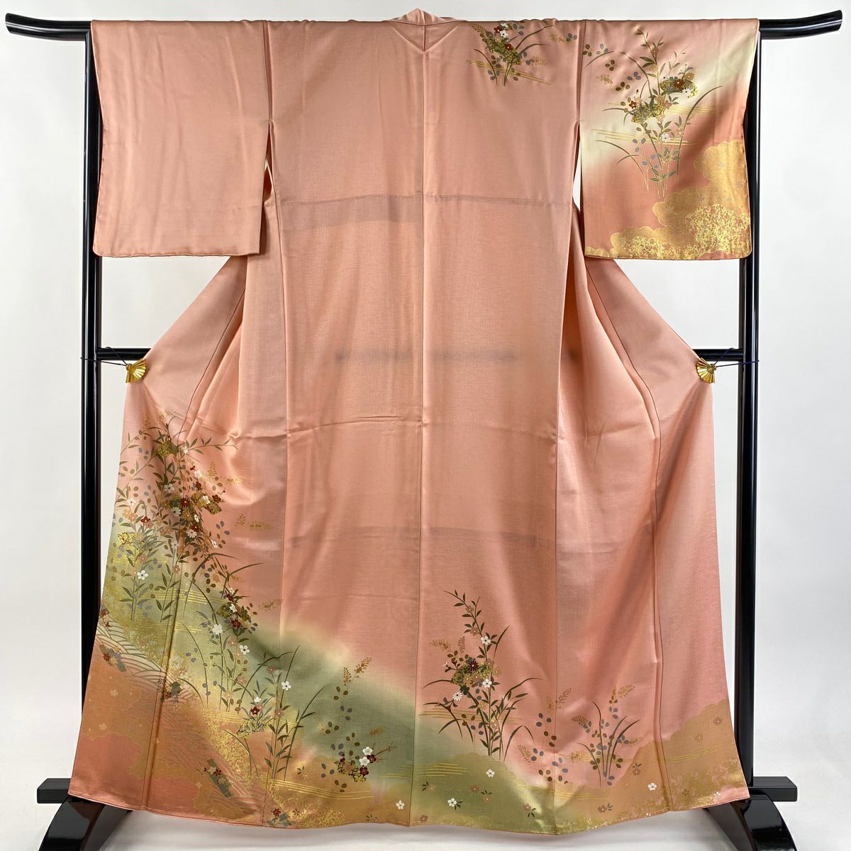 訪問服 身長164.5cm 袖長67.5cm L 雙層 扇子面 草花紋紋 金彩裝飾 漸層 粉色 純蠶絲 優品級