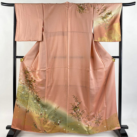 訪問服 身長164.5cm 袖長67.5cm L 雙層 扇子面 草花紋紋 金彩裝飾 漸層 粉色 純蠶絲 優品級