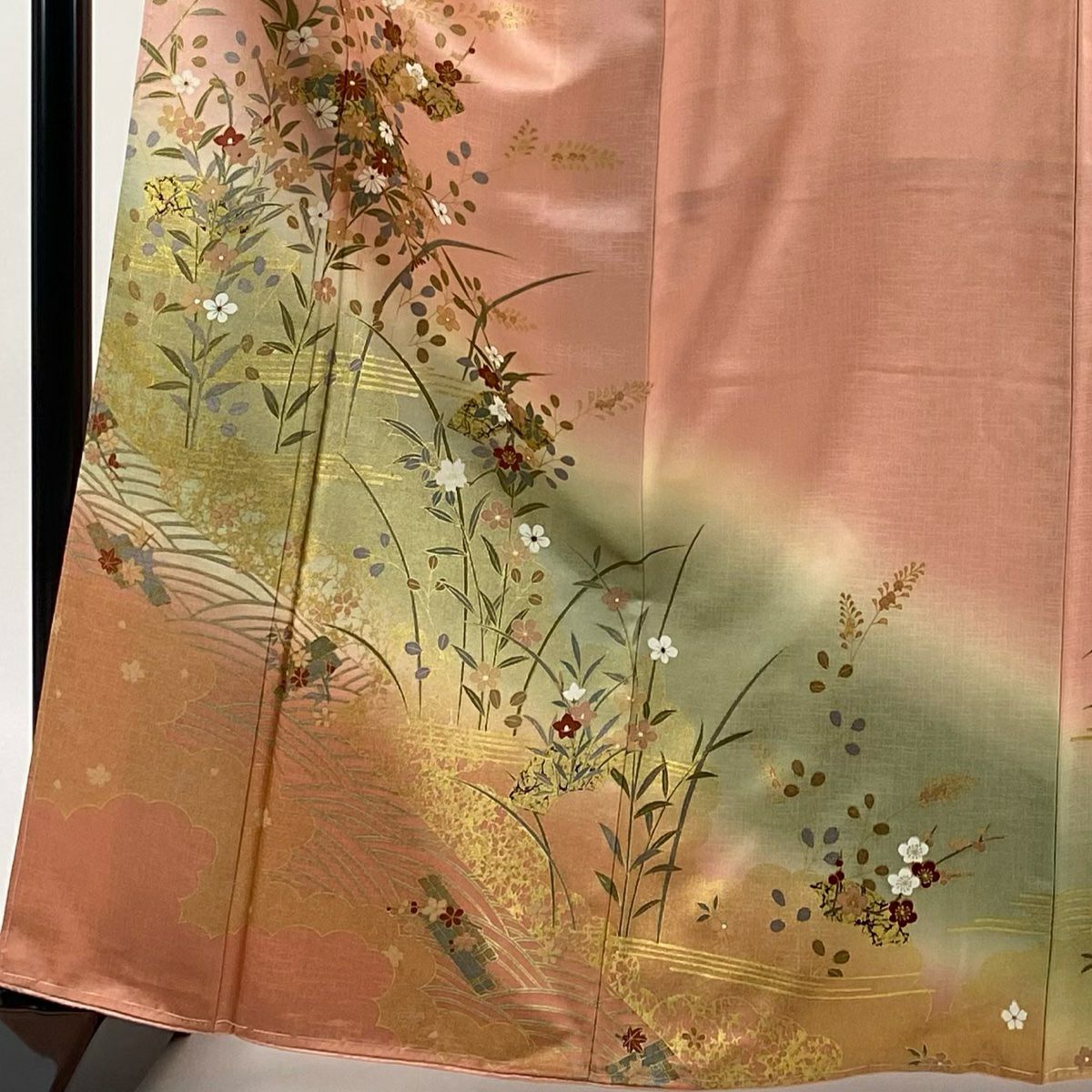 訪問服 身長164.5cm 袖長67.5cm L 雙層 扇子面 草花紋紋 金彩裝飾 漸層 粉色 純蠶絲 優品級