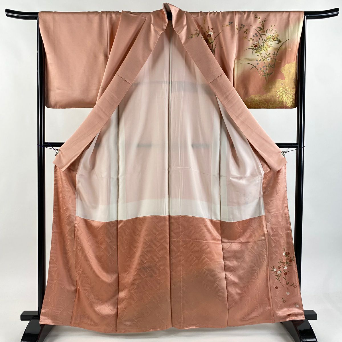 訪問服 身長164.5cm 袖長67.5cm L 雙層 扇子面 草花紋紋 金彩裝飾 漸層 粉色 純蠶絲 優品級