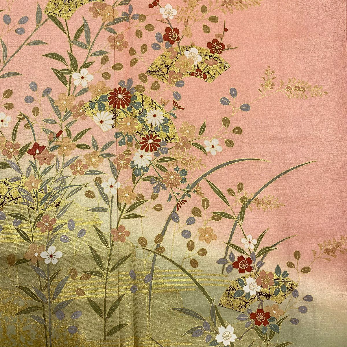 訪問服 身長164.5cm 袖長67.5cm L 雙層 扇子面 草花紋紋 金彩裝飾 漸層 粉色 純蠶絲 優品級