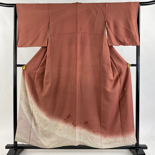 紅留袖禮服 身長155cm 袖長65.5cm M 雙層 大久保玄才 落款あり 松樹葉 蔦 金銀彩 漸層 紅茶 純蠶絲 優品級
