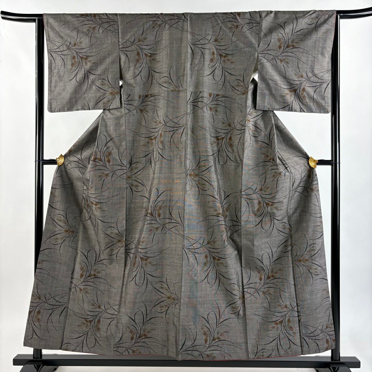 【美品】 紬織織 身長155.5cm 袖長64.5cm M 雙層 葉柄 焦茶 純蠶絲 秀品級