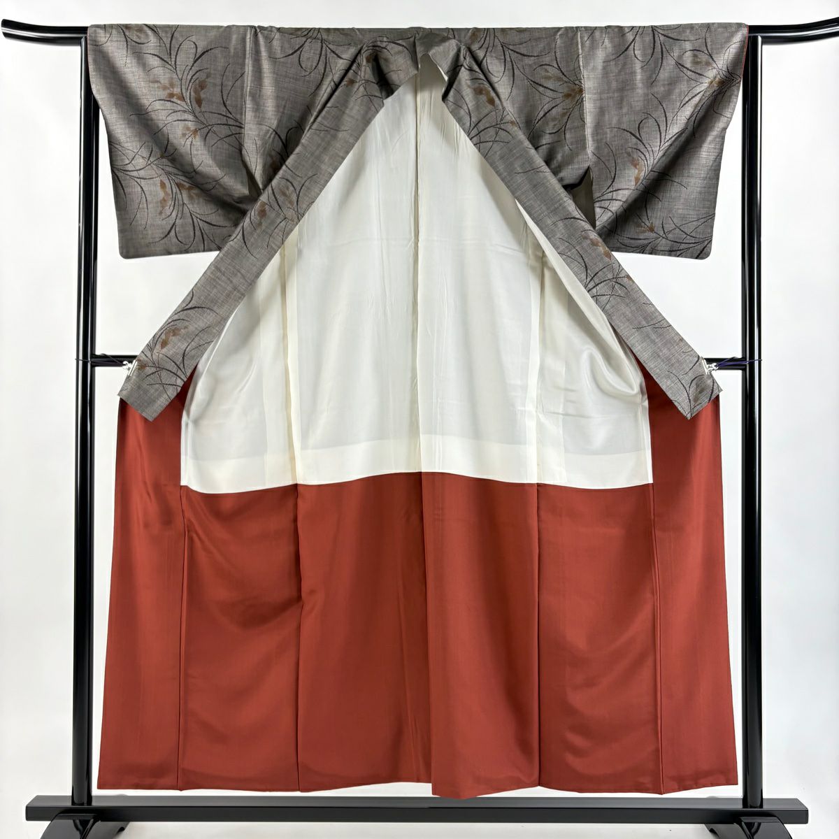 【美品】 紬織織 身長155.5cm 袖長64.5cm M 雙層 葉柄 焦茶 純蠶絲 秀品級