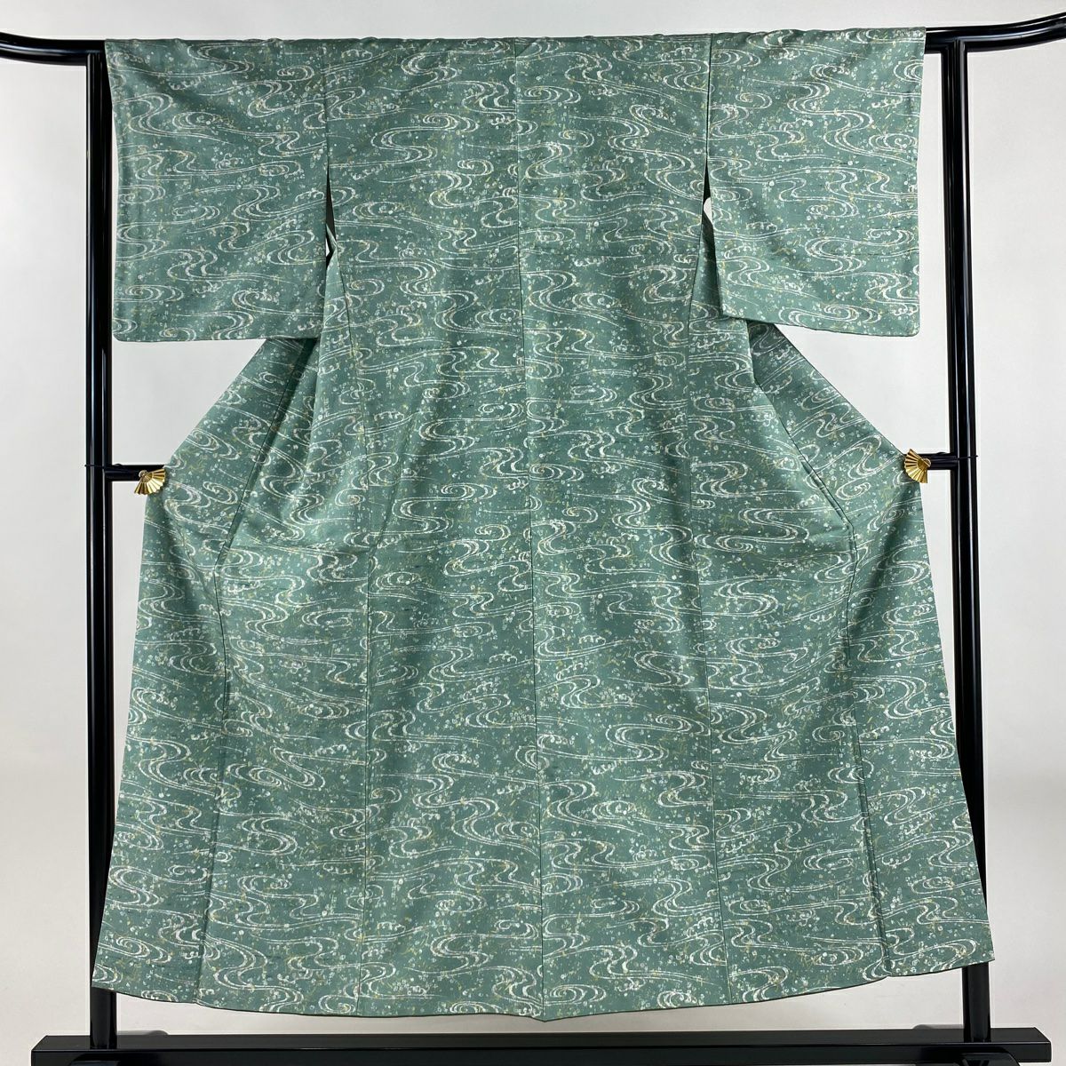 【美品】 小紋 身長152cm 袖長62cm S 雙層 紬織織 大和 流水 幾何學 薄綠 純蠶絲 名品級