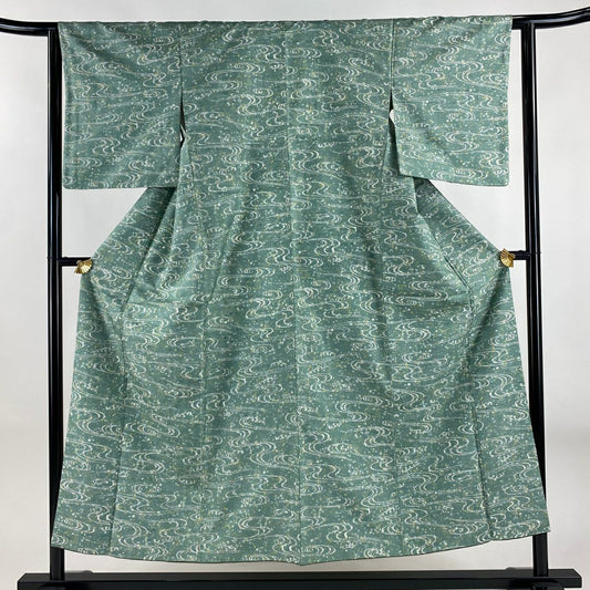 【美品】 小紋 身長152cm 袖長62cm S 雙層 紬織織 大和 流水 幾何學 薄綠 純蠶絲 名品級