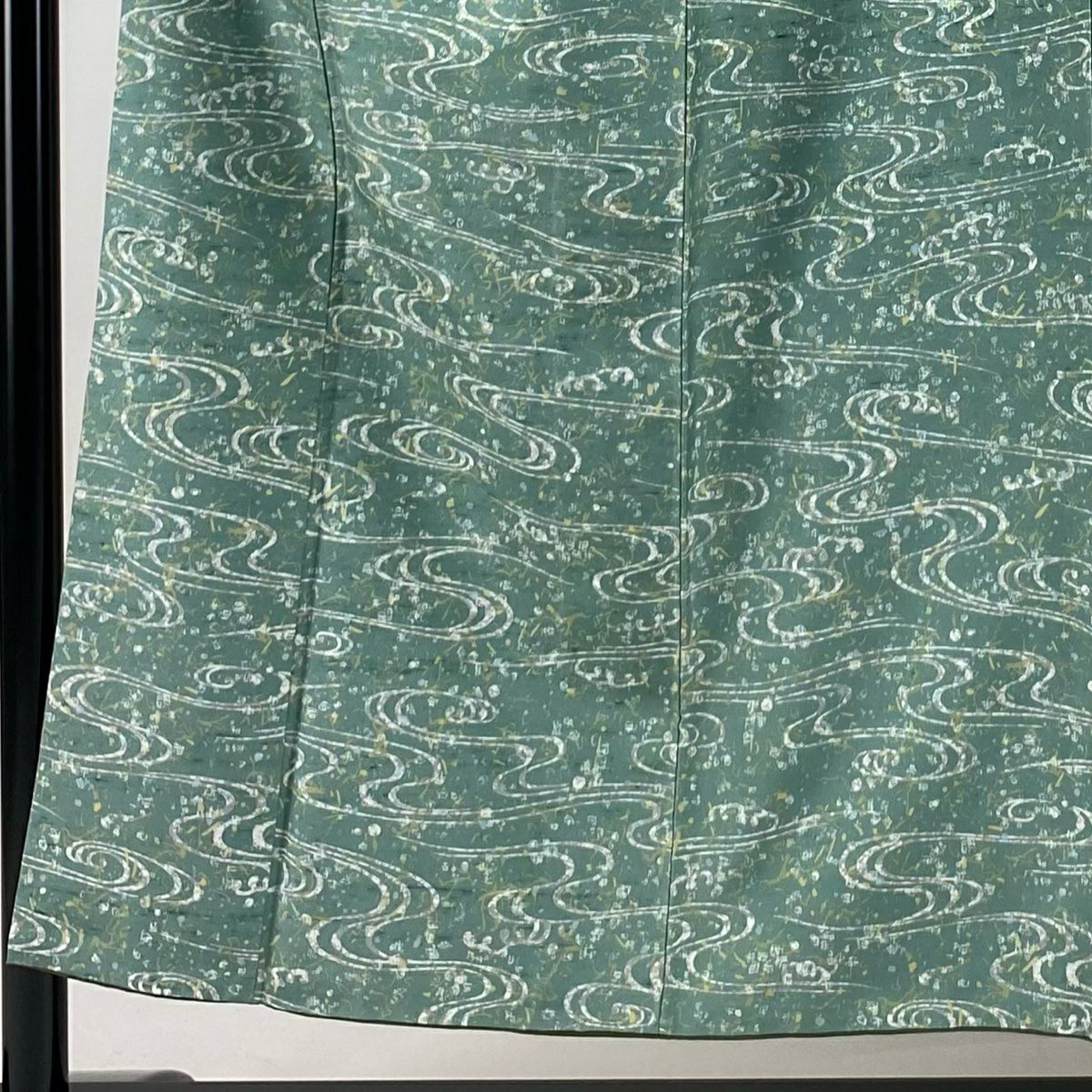 【美品】 小紋 身長152cm 袖長62cm S 雙層 紬織織 大和 流水 幾何學 薄綠 純蠶絲 名品級