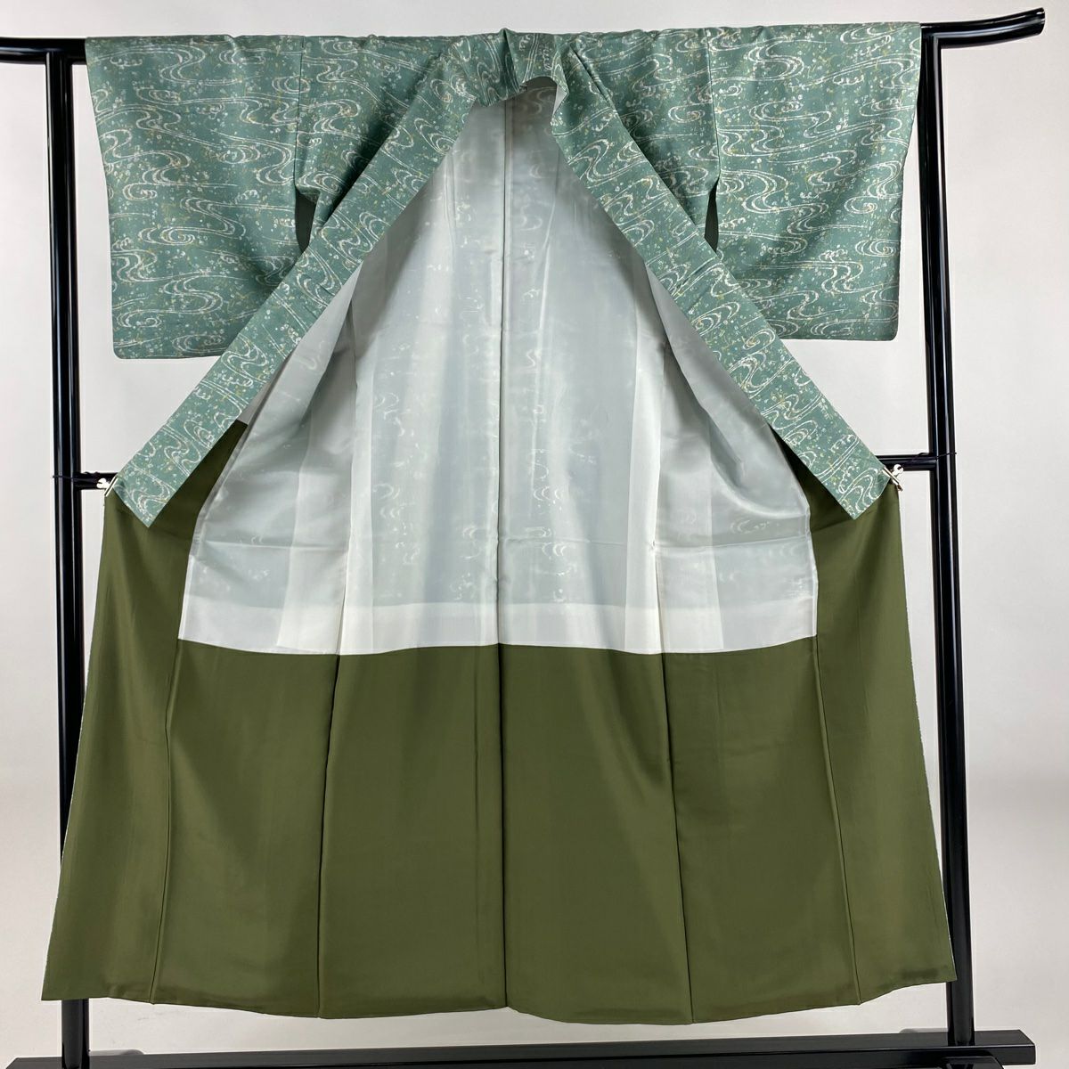 【美品】 小紋 身長152cm 袖長62cm S 雙層 紬織織 大和 流水 幾何學 薄綠 純蠶絲 名品級