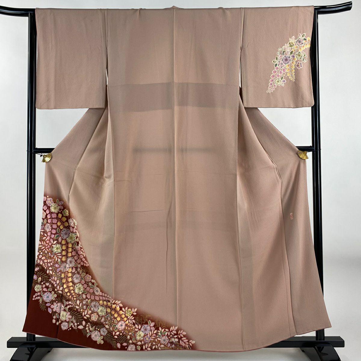 【庫存清倉】 付下 身長157cm 袖長64cm M 雙層 翠山工房 大和 有落款 辻花染 金銀彩 漸層 粉米色 純蠶絲 名品級