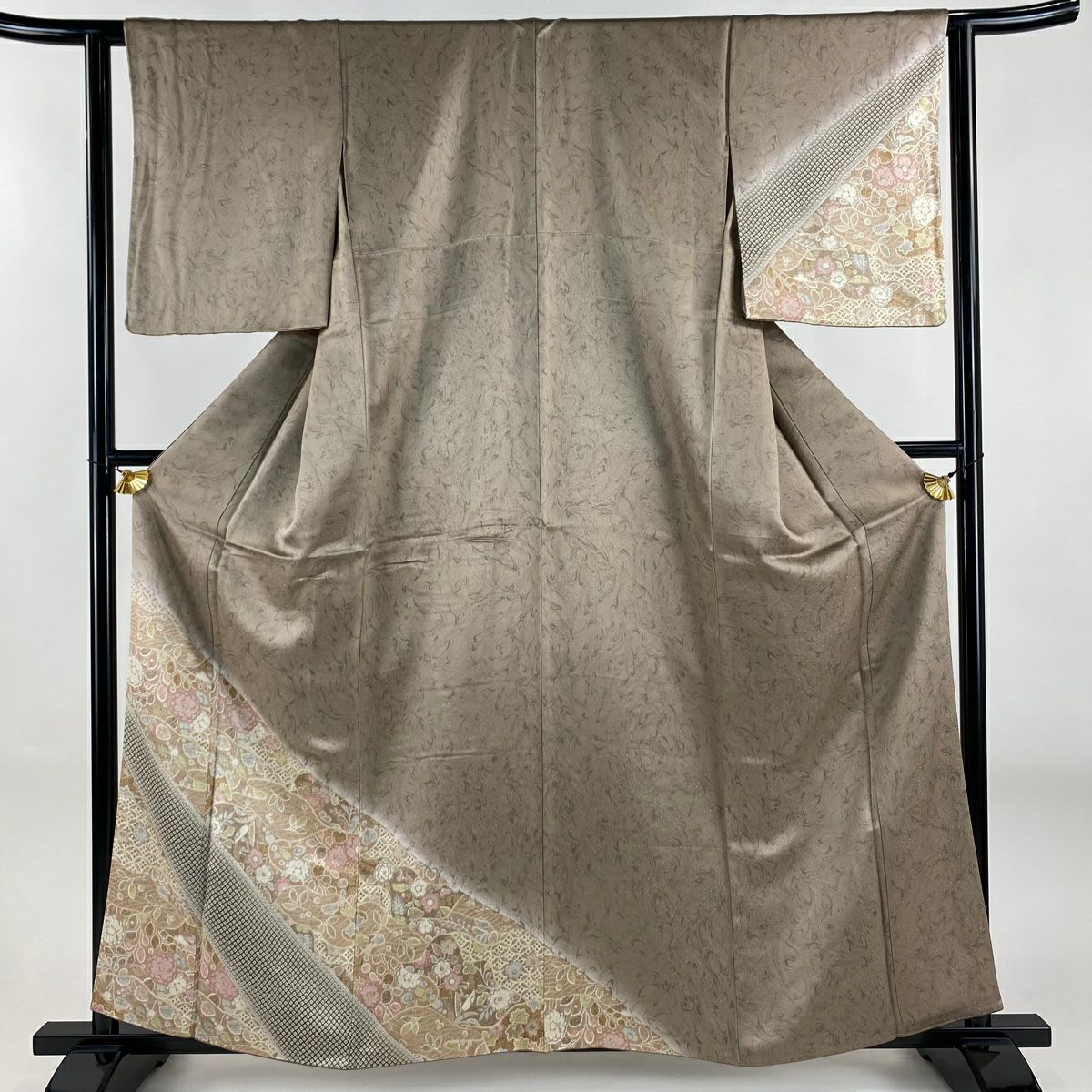 【美品】 付下 身長160cm 袖長61cm S 雙層 草花紋紋 霞 漸層 薄茶 純蠶絲 名品級