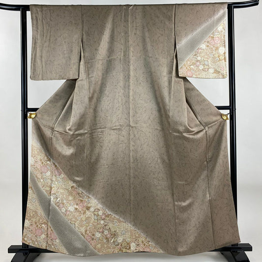 【美品】 付下 身長160cm 袖長61cm S 雙層 草花紋紋 霞 漸層 薄茶 純蠶絲 名品級