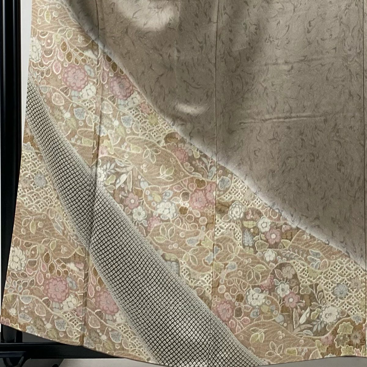 【美品】 付下 身長160cm 袖長61cm S 雙層 草花紋紋 霞 漸層 薄茶 純蠶絲 名品級