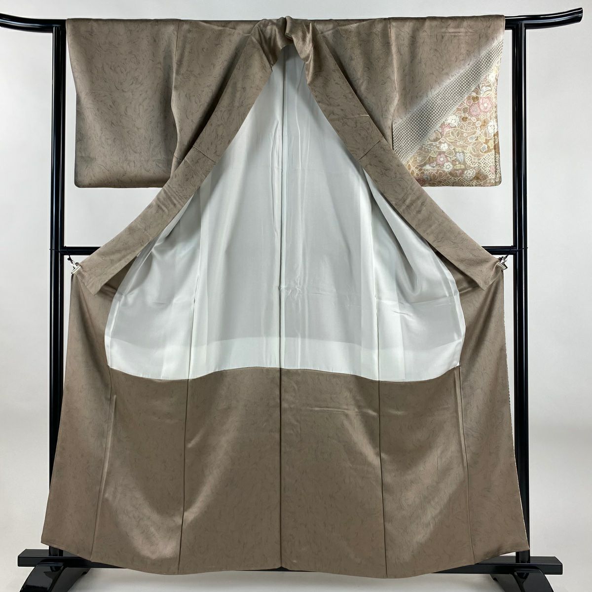 【美品】 付下 身長160cm 袖長61cm S 雙層 草花紋紋 霞 漸層 薄茶 純蠶絲 名品級