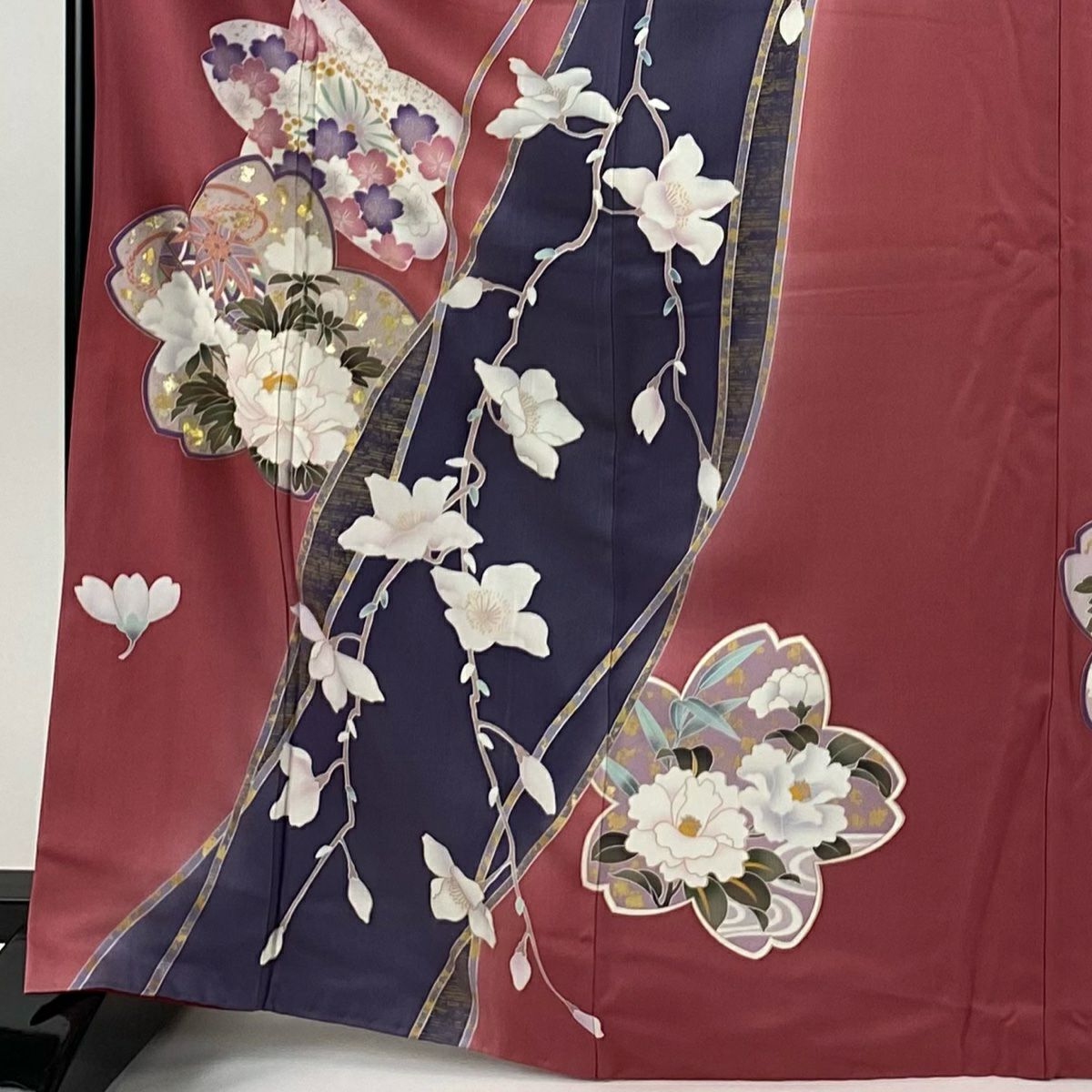 振袖禮服 身長166cm 袖長67.5cm L 雙層 ますいわ屋 櫻花 金彩裝飾 染分 粉紅 純蠶絲 名品級
