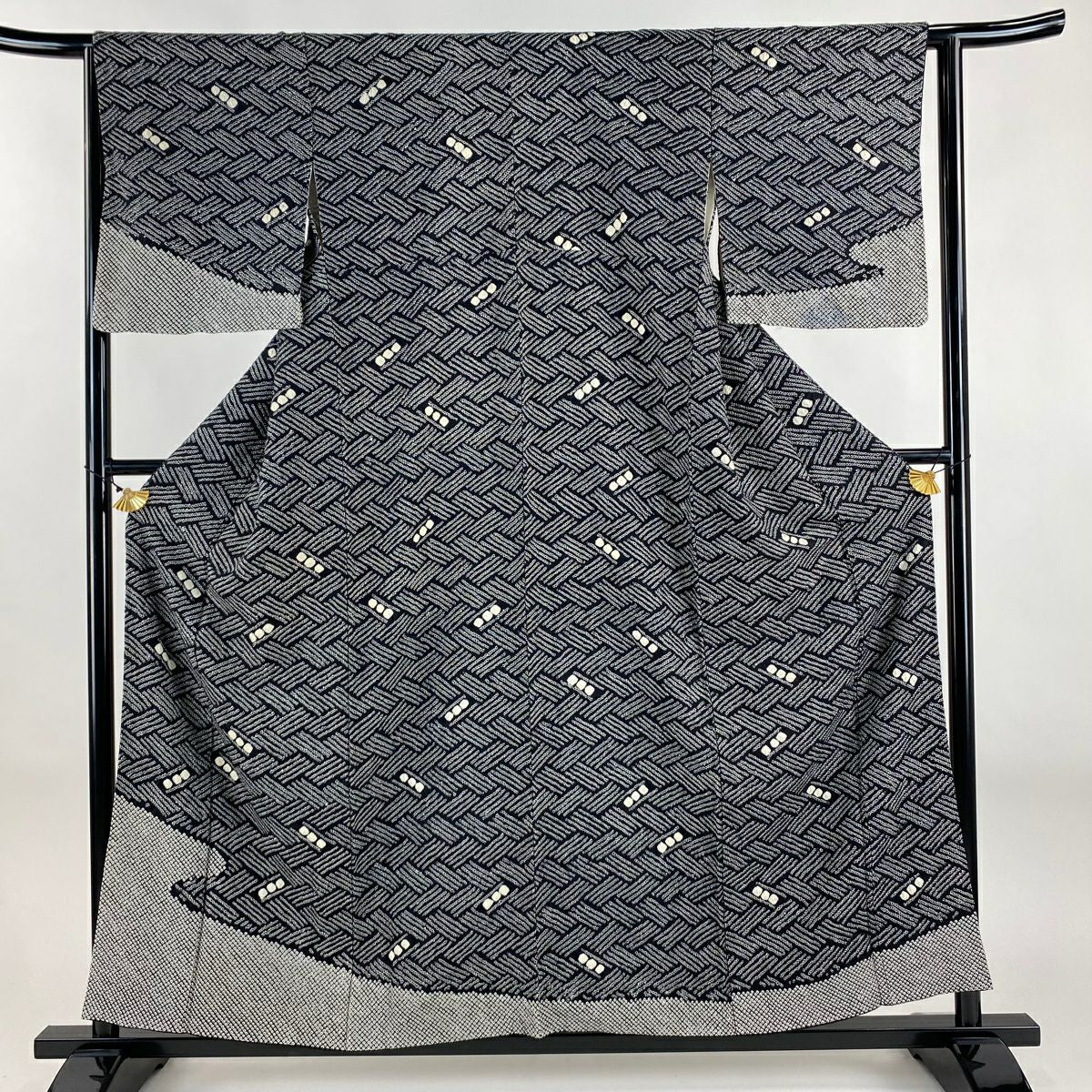 訪問服 身長155.5cm 袖長63cm S 雙層 霞 幾何學圖案 絞染 黑 純蠶絲 名品級