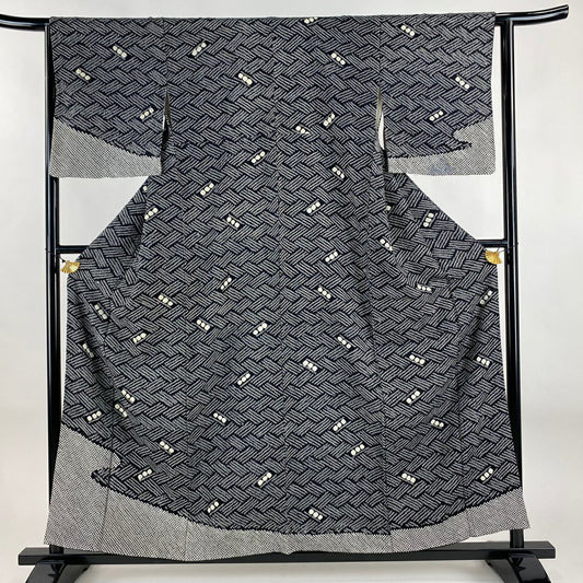 訪問服 身長155.5cm 袖長63cm S 雙層 霞 幾何學圖案 絞染 黑 純蠶絲 名品級