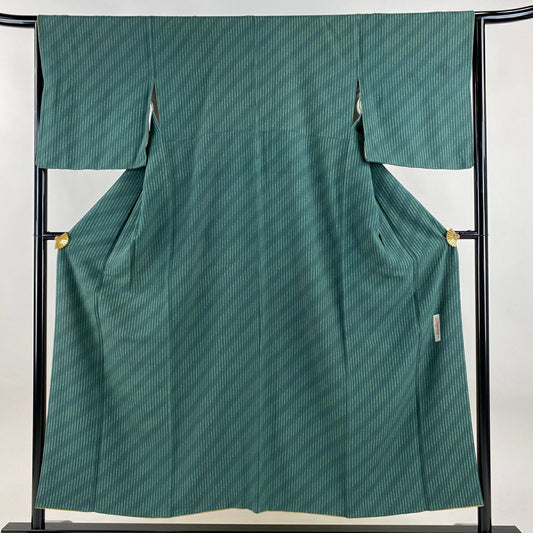 【庫存清倉】 小紋 身長151.5cm 袖長64cm M 雙層 辻村ジュサブロー 有落款 花 斜紋 綠 純蠶絲 名品級