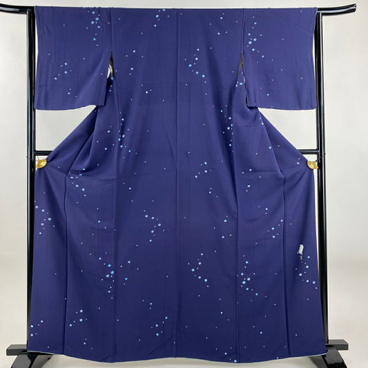 【美品】 小紋 身長161.5cm 袖長63.5cm S 雙層 菅有鬼一 落款あり 花 花瓣 深藍 純蠶絲 名品級