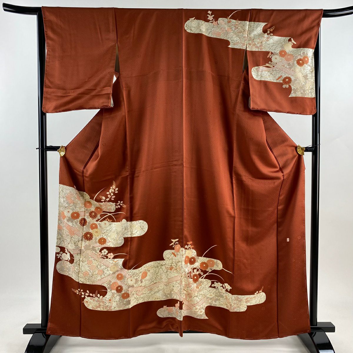 訪問服 身長162cm 袖長65cm M 雙層 吾妻德穗 落款 秋草 ヱ霞 金絲 金銀彩 紅茶 純蠶絲 名品級