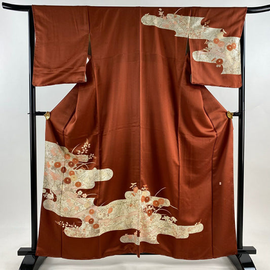 訪問服 身長162cm 袖長65cm M 雙層 吾妻德穗 落款 秋草 ヱ霞 金絲 金銀彩 紅茶 純蠶絲 名品級