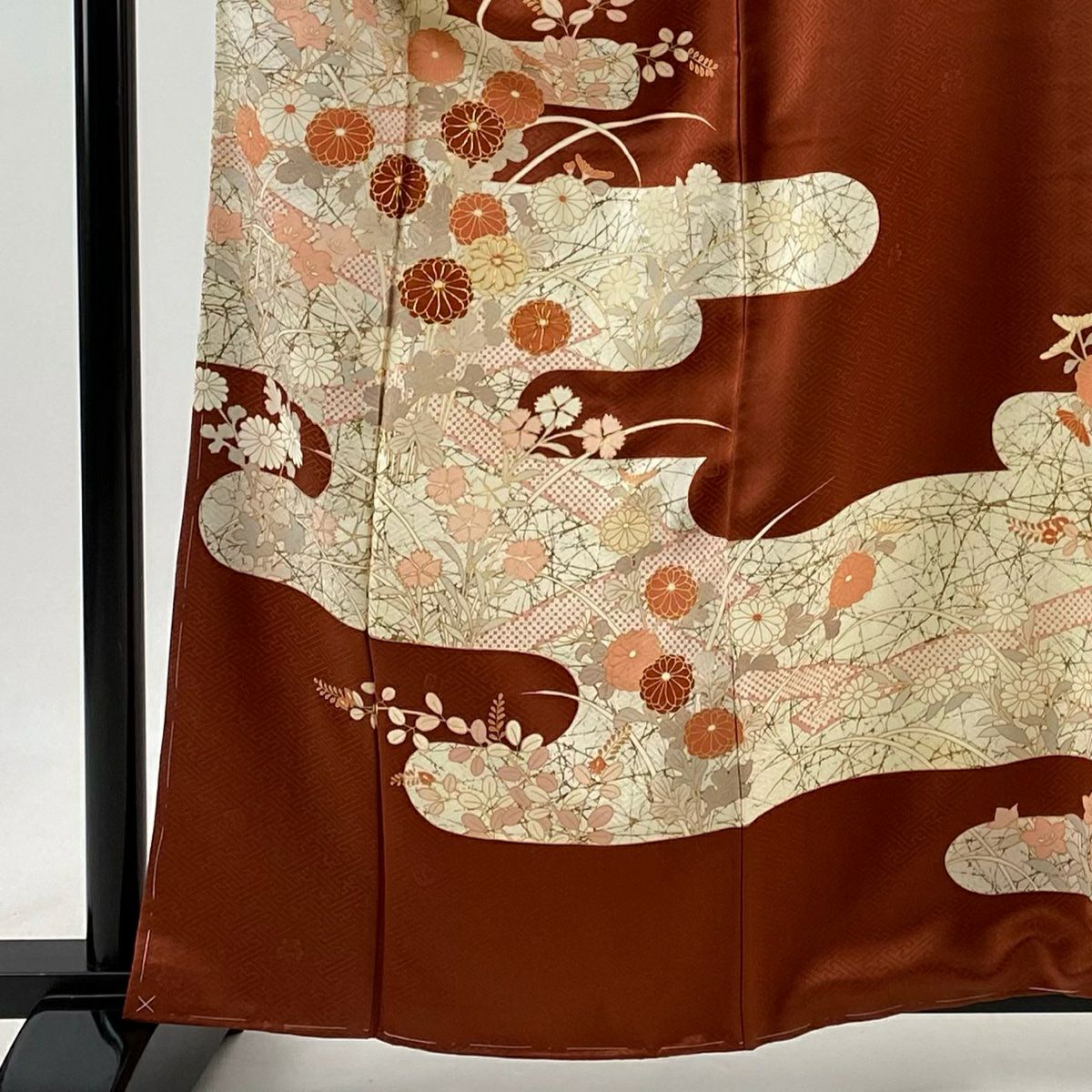 訪問服 身長162cm 袖長65cm M 雙層 吾妻德穗 落款 秋草 ヱ霞 金絲 金銀彩 紅茶 純蠶絲 名品級