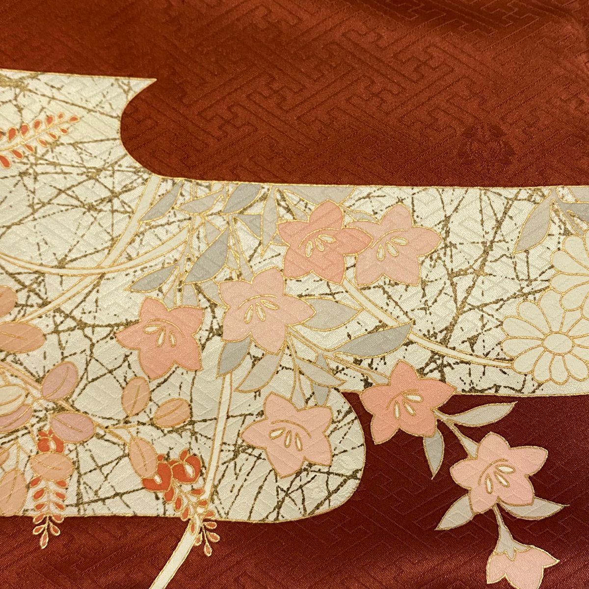 訪問服 身長162cm 袖長65cm M 雙層 吾妻德穗 落款 秋草 ヱ霞 金絲 金銀彩 紅茶 純蠶絲 名品級