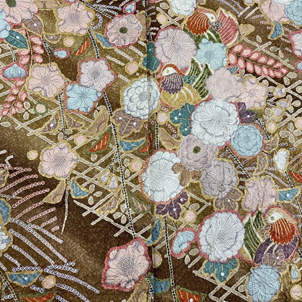 【庫存清倉】訪問服 身長161cm 袖長65cm M 雙層 辻花染 波 金銀彩 染分 薄茶 純蠶絲 名品級