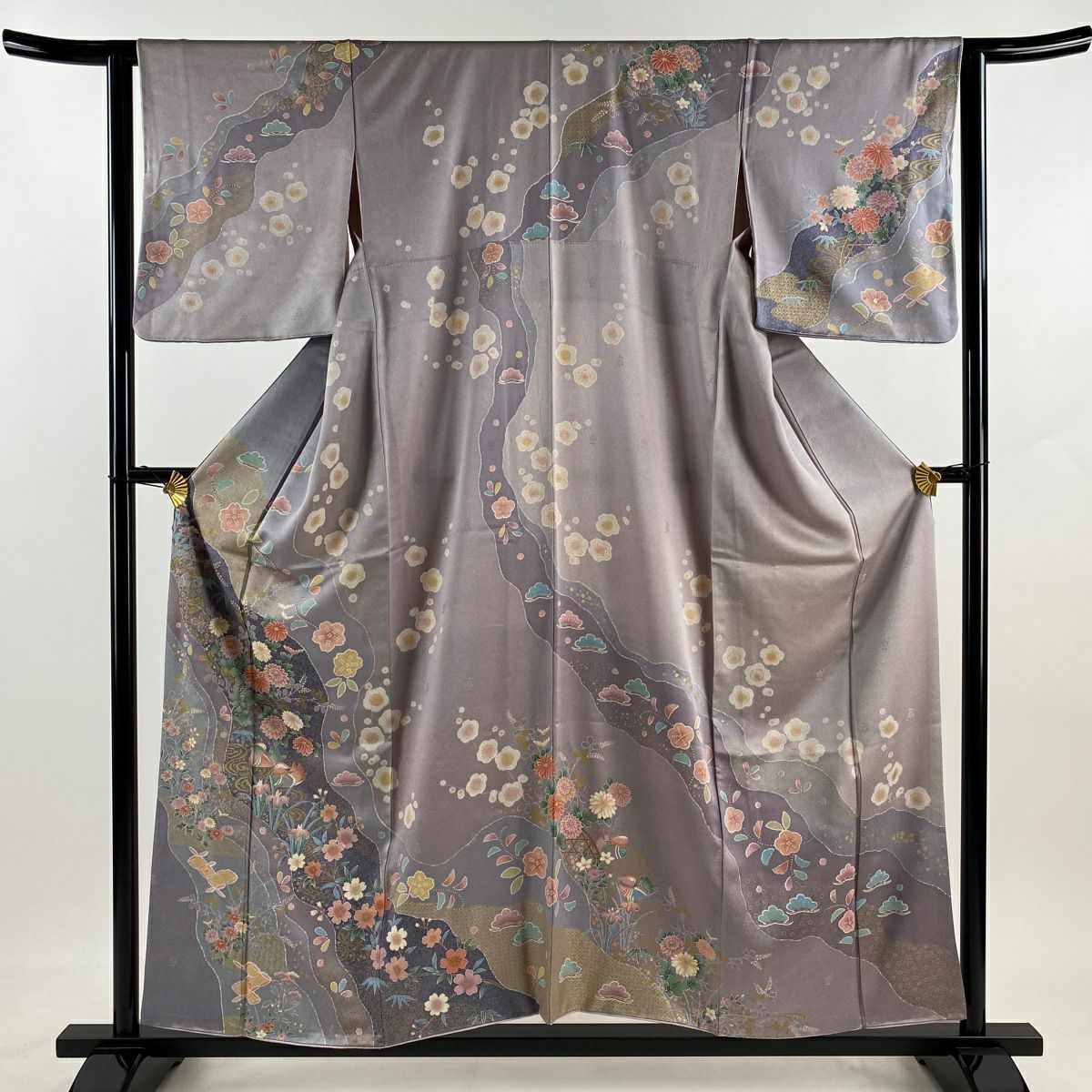 訪問服 身長156cm 袖長63cm S 雙層 菊花 松樹竹子梅花 金銀彩 染分 薄紫 純蠶絲 名品級
