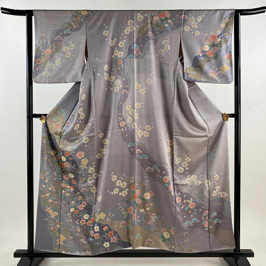 訪問服 身長156cm 袖長63cm S 雙層 菊花 松樹竹子梅花 金銀彩 染分 薄紫 純蠶絲 名品級