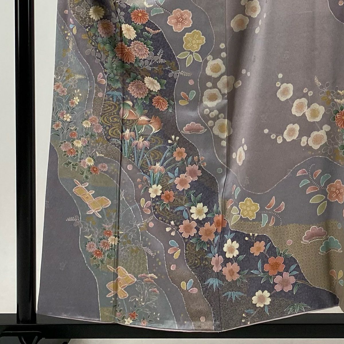 訪問服 身長156cm 袖長63cm S 雙層 菊花 松樹竹子梅花 金銀彩 染分 薄紫 純蠶絲 名品級