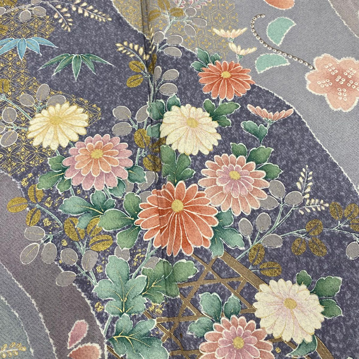 訪問服 身長156cm 袖長63cm S 雙層 菊花 松樹竹子梅花 金銀彩 染分 薄紫 純蠶絲 名品級