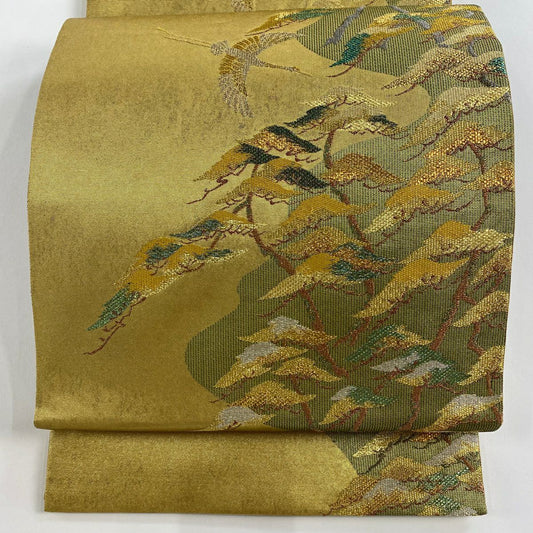袋帶 秀品級 笠松樹 仙鶴 金糸 金金箔 金色 六通 純蠶絲